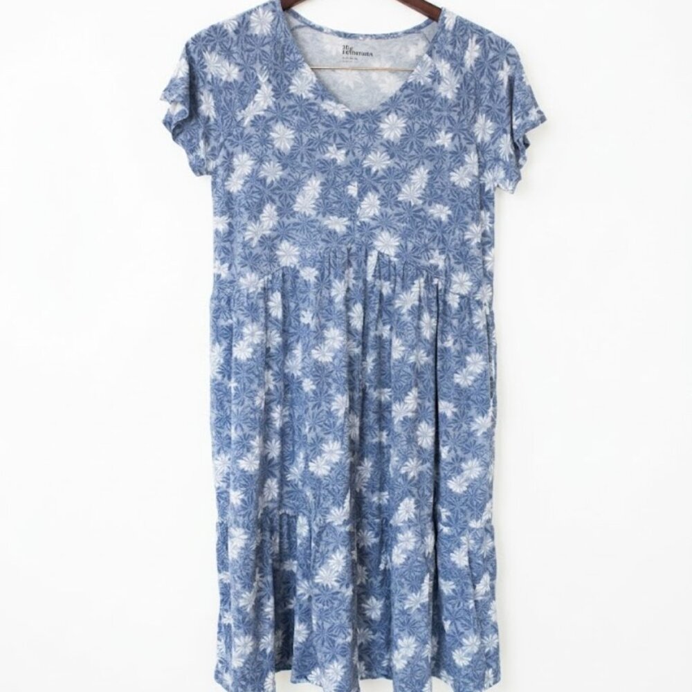 The Commons | Blue & White Floral  Rayon Tiered Midi Dress XL